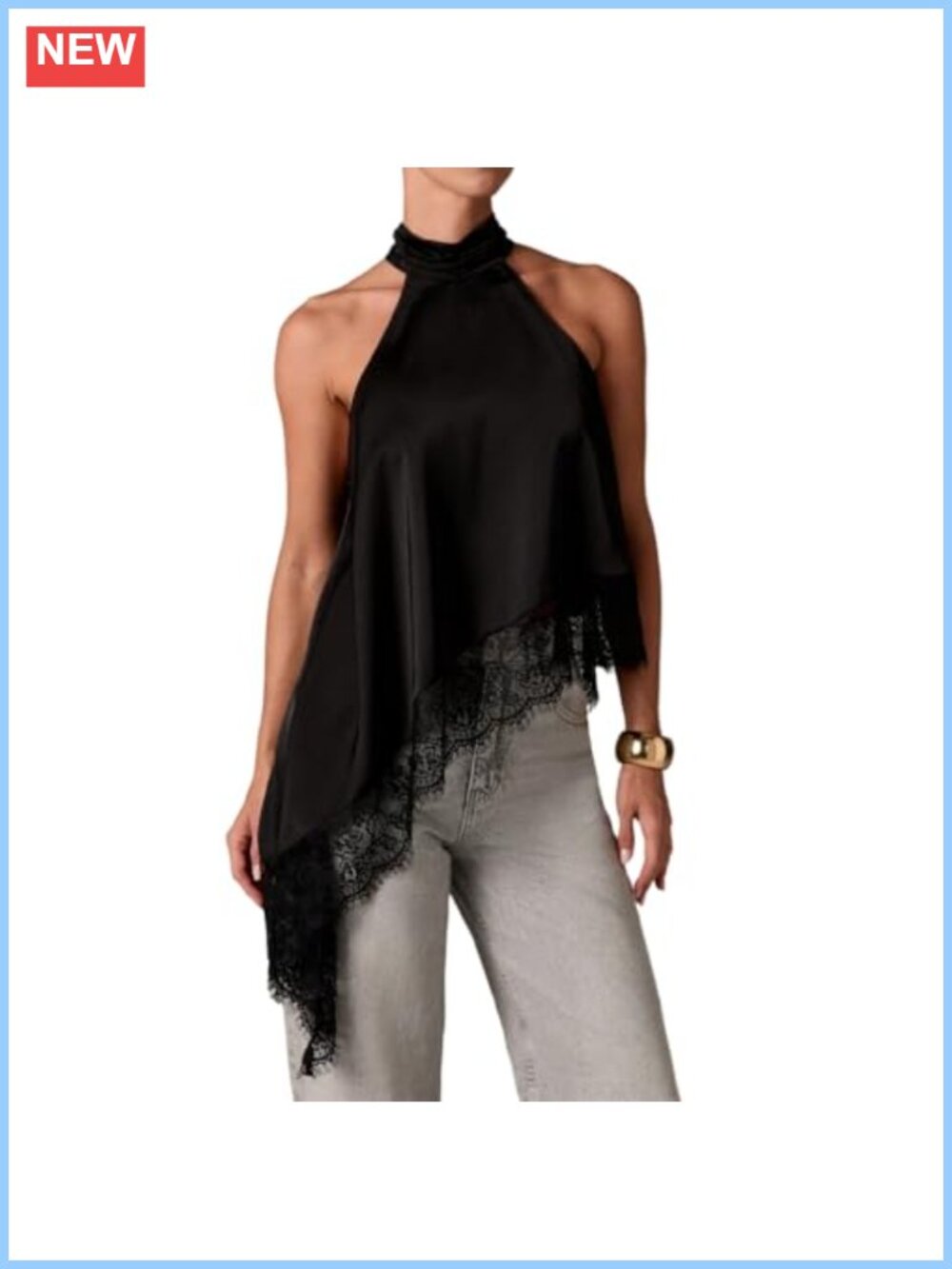 Y2K Satin Sleeveless Mock Neck Lace Trim Backless Asymmetric Hem Tank Top